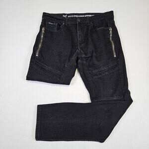 V19.69 Italia Mens 34x28 Moto Jeans Black Biker Slim Zipper Pocket Utility Denim